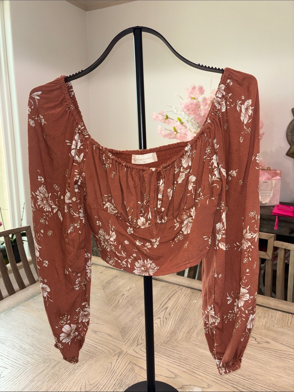 Altar'd State Rust Brown Floral Cropped Peasant Top